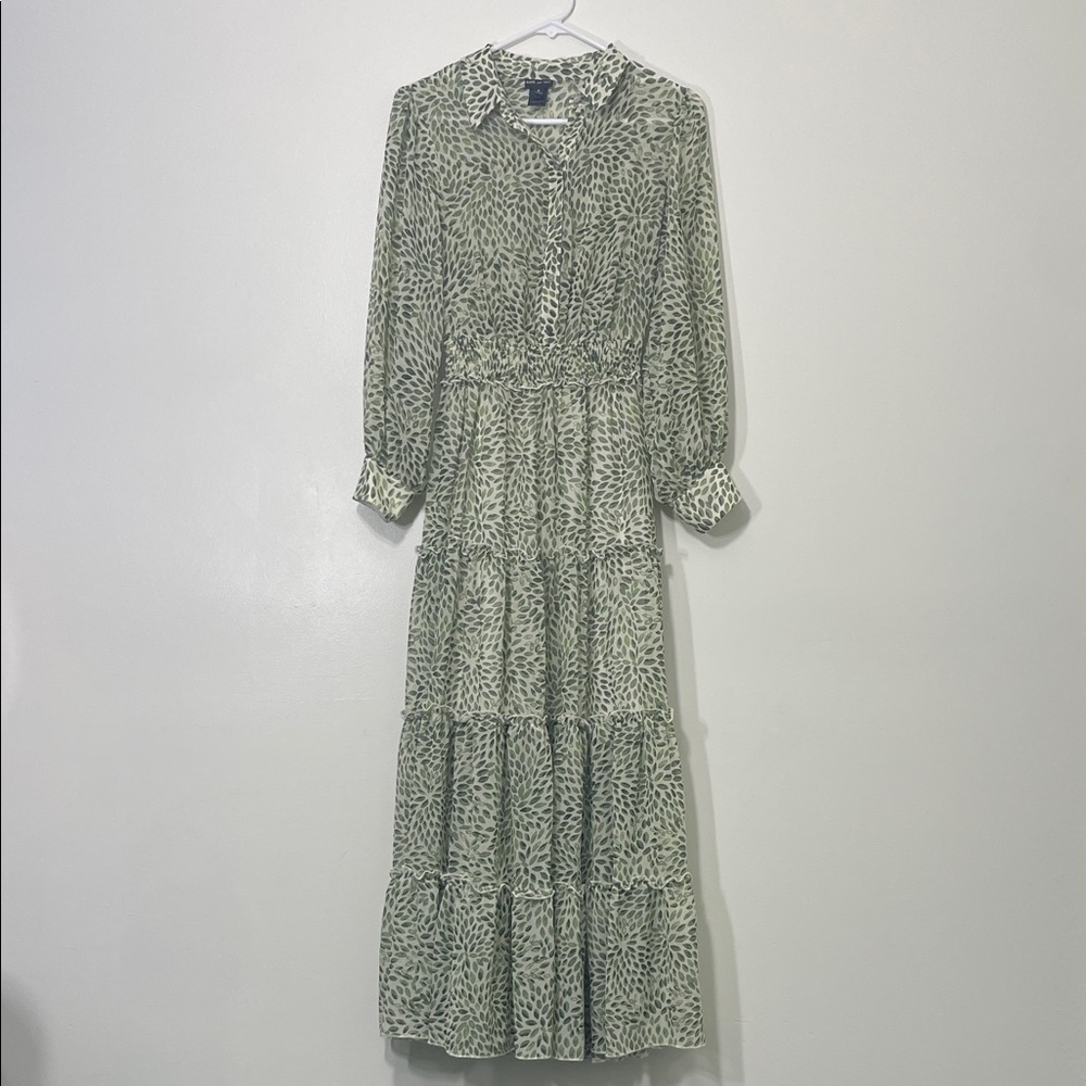 Kate and Lily Green Leaf Print Tiered Midi Dress w/ Sheer Top • Size 6